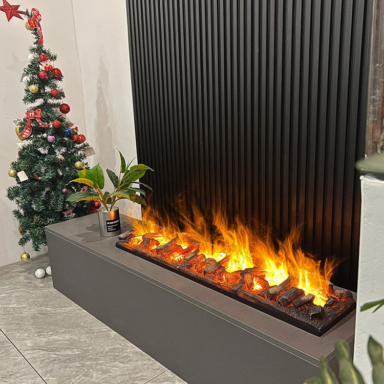 Linear Built-In Water Vapor Fireplace with Decorative Charcoal