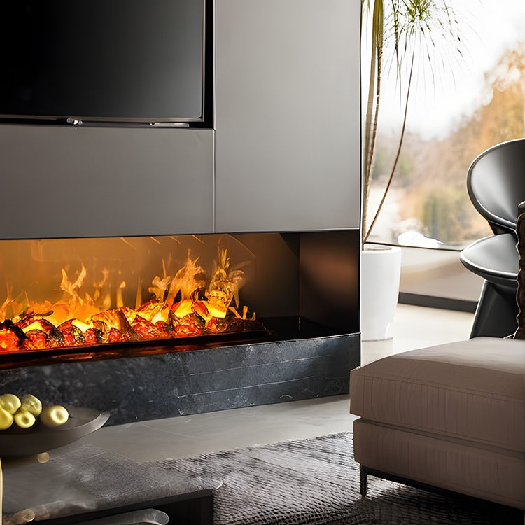 Linear Built-In Water Vapor Fireplace with Decorative Charcoal