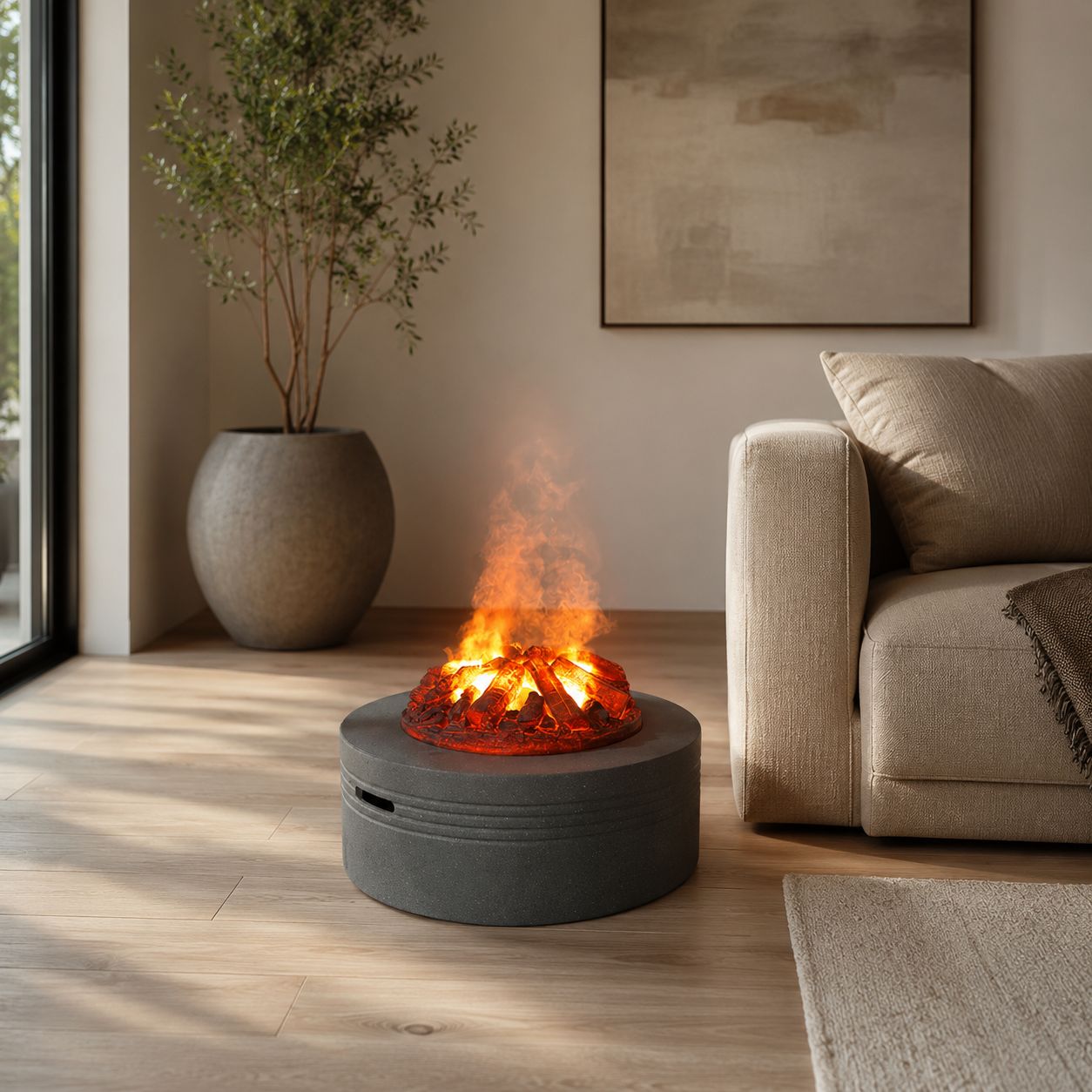 Round Freestanding Water Vapor Fireplace with Decorative Charcoal