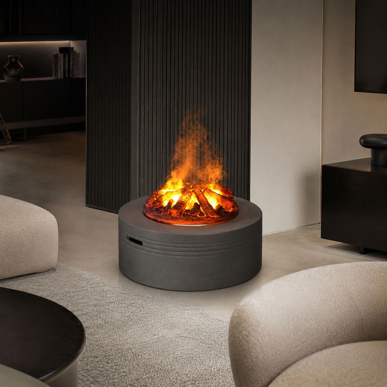 Round Freestanding Water Vapor Fireplace with Decorative Charcoal
