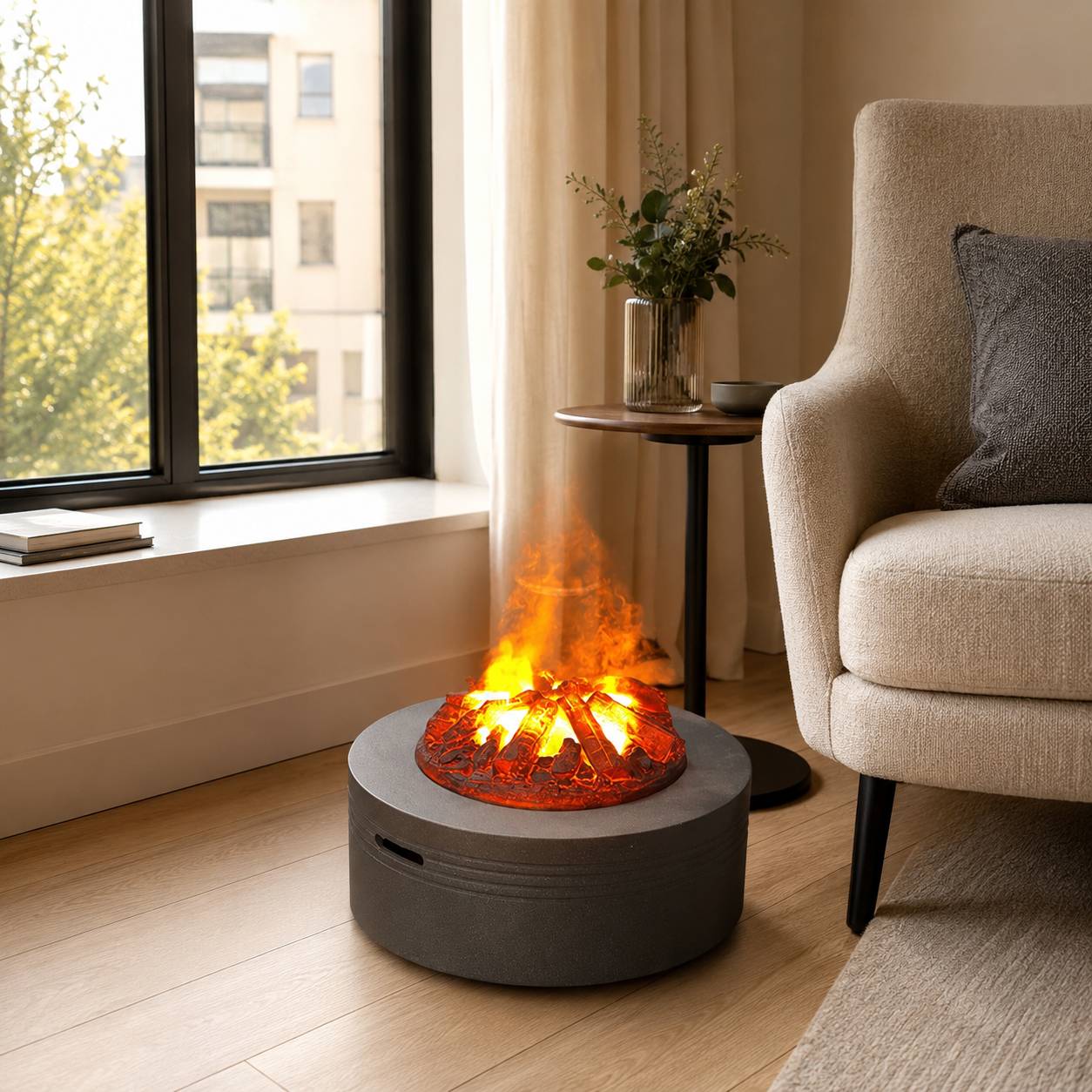 Round Freestanding Water Vapor Fireplace with Decorative Charcoal