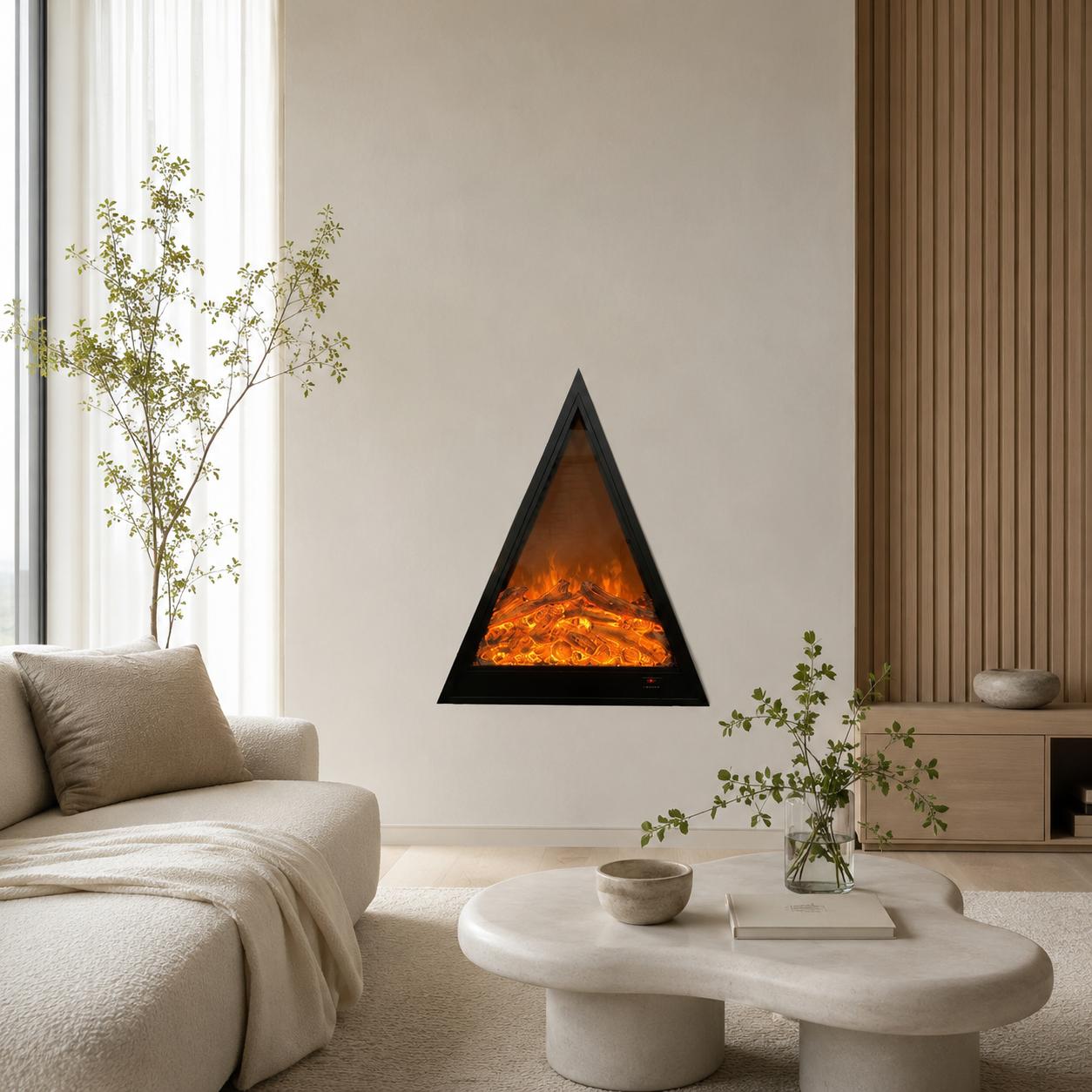 Modern Triangular Wall-Mounted Electric Fireplace with 2D LED Flame