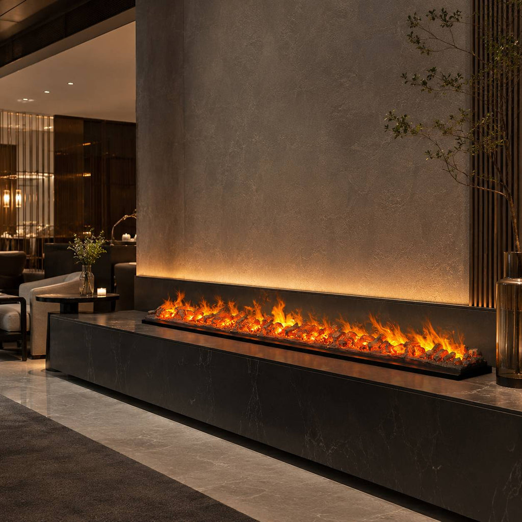Linear Built-In Water Vapor Fireplace with Decorative Charcoal