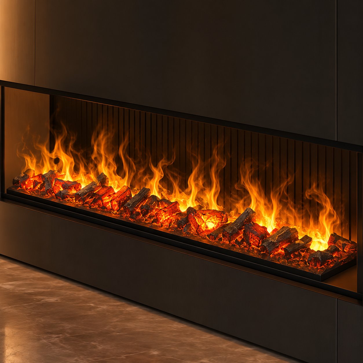 Linear Built-In Water Vapor Fireplace with Decorative Charcoal